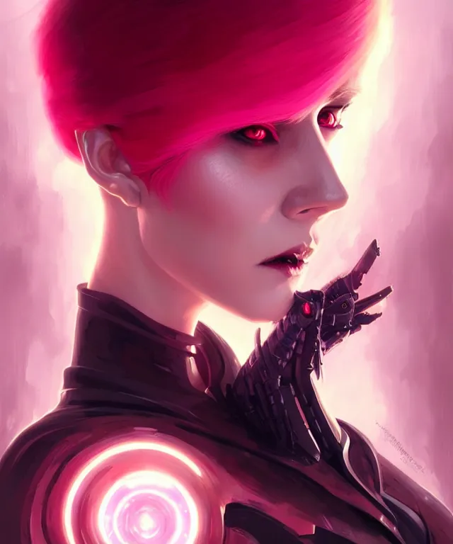 Image similar to futuristic vampire portrait, sci-fi, fire eyes, face, short pink hair, fantasy, intricate, elegant, highly detailed, digital painting, artstation, concept art, smooth, sharp focus, illustration, art by artgerm and greg rutkowski and alphonse mucha