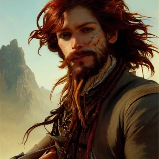 Prompt: portrait of a young pirate, male, rugged, masculine, handsome, upper body, red hair, long hair, D&D, fantasy, intricate, elegant, highly detailed, cinematic lighting, digital painting, artstation, concept art, cutscene, sharp focus, illustration, art by Artgerm and Greg Rutkowski and Alphonse Mucha