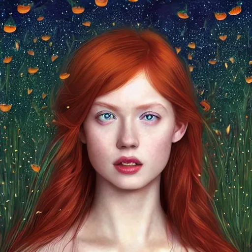 Image similar to a highly detailed, hyper realistic, red haired young woman, among golden fireflies, with long hair, green eyes, hint of freckles, round gentle face, tilted head, cheeky smile, deep focus, elegant, digital painting, smooth, sharp focus, golden ratio, illustration, ultra realistic, 8 k, art by artgerm and caravaggio