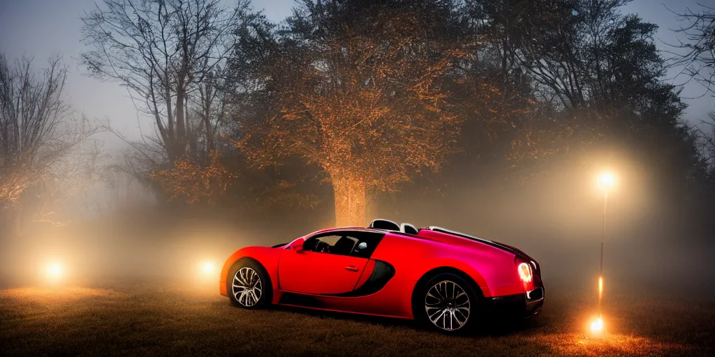 Image similar to bugatti veyron, warm lighting, fog, fairy lights, backyard at late night, tumblr aesthetic