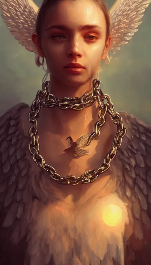 Prompt: a sad portrait of an angel with boned wings blocked by chains covered by vegeration, sunset, bright light, hyperdetailed, artstation, cgsociety, 8 k