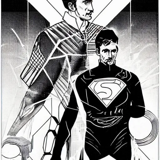 Image similar to Nikola Tesla as a superhero, by MARVEL comics and Sandra Chevrier