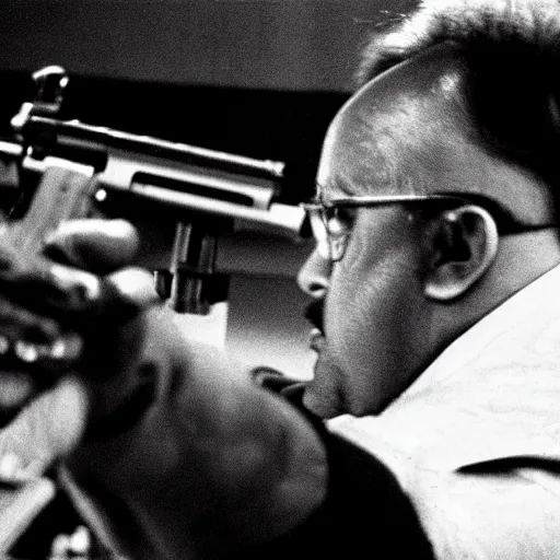 Image similar to Danny DeVito in Scarface holding M16, cinematic, sharp focus, movie still, atmospheric, Action scene, 8k,