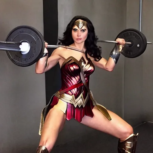 Prompt: gal gadot dressed as wonder woman doing a 1 0 0 0 0 pound barbell squat