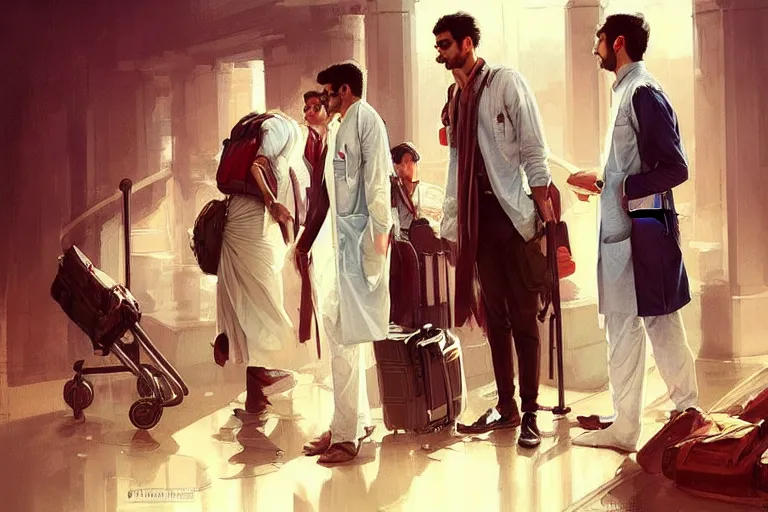 Image similar to Enraged good looking pale young Indian doctors wearing American clothes chatting at the airport, portrait, elegant, intricate, digital painting, artstation, concept art, smooth, sharp focus, illustration, art by artgerm and greg rutkowski and alphonse mucha