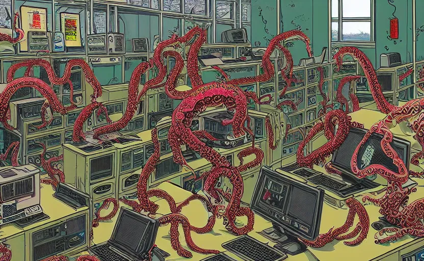 Image similar to hyper-detailed, intricate, illustration of a computer lab being overrun by tentacles, cyberpunk, high saturation, in the style of Geof Darrow