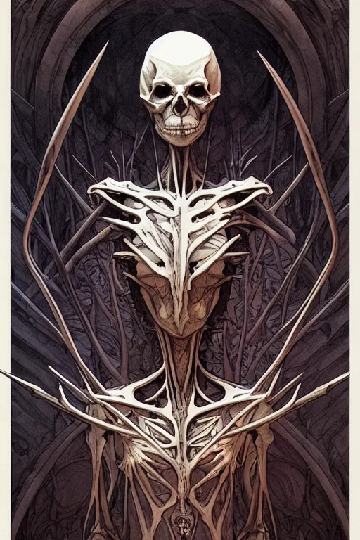 Prompt: artgerm, joshua middleton, mucha, beksinski, moebius, heavy metal comic cover art, psychedelic triangular skeletal calcification fungus lich in darkiron spike armor, full body, hollow eyes, symmetrical face, long black crown, in a dungeon background, moody dark colors