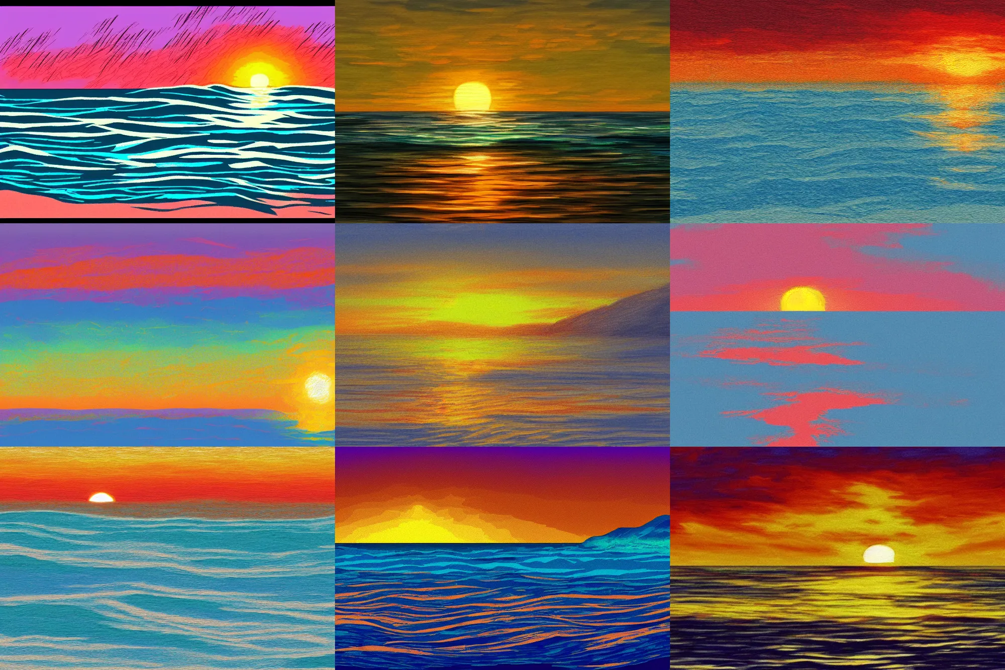Prompt: sketch of an ocean in ms paint, sunset, 2 5 6 colours, trending on artstation, aqua water