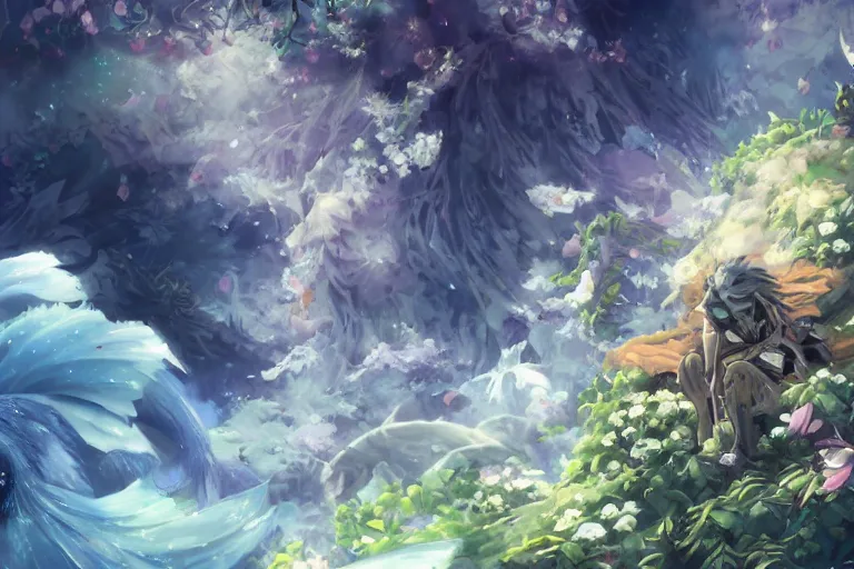 Prompt: scenes, dynamic composition, motion, ultra - detailed, incredibly detailed, a lot of details, amazing fine details and brush strokes, colorful and grayish palette, smooth, hd semirealistic anime cg concept art digital painting, watercolor oil painting of sea of flowers, in style of cytus and deemo, blue flame, relaxing, calm and mysterious vibes