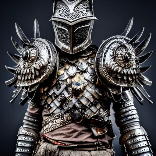 Image similar to photo of a warrior with metal owl jewell encrusted armour, highly detailed, 4k, HDR,