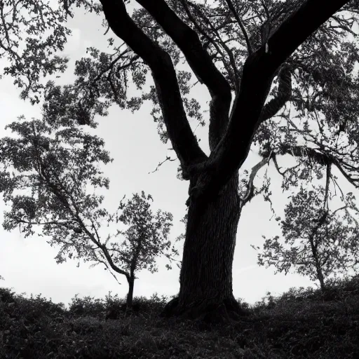 Image similar to a black and white photograph of a tree with blue leaves growing on it.