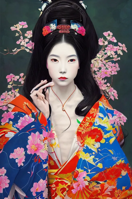 Image similar to a professional painting of a beautiful Japanese Geisha girl, in brightly colored kimono, long dark hair, beautiful bone structure, symmetrical facial features, intricate, elegant, digital painting, concept art, smooth, sharp focus, illustration, from StarCraft by Ruan Jia and Mandy Jurgens and Artgerm and William-Adolphe Bouguerea