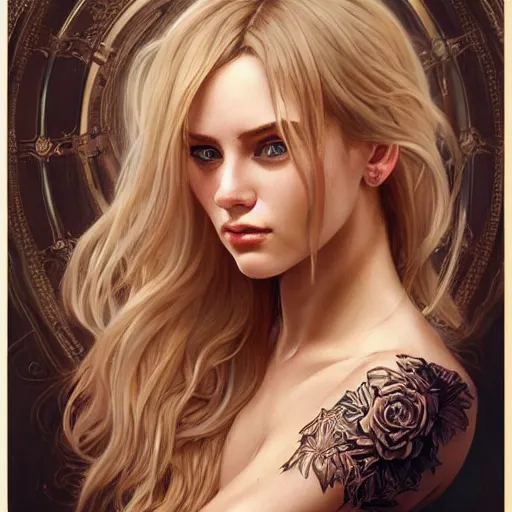 Image similar to ultra realistic illustration, a hot and beautiful tattooed blonde slavic woman in her 3 0's, intricate, elegant, highly detailed, digital painting, artstation, concept art, smooth, sharp focus, illustration, art by artgerm and greg rutkowski and alphonse mucha