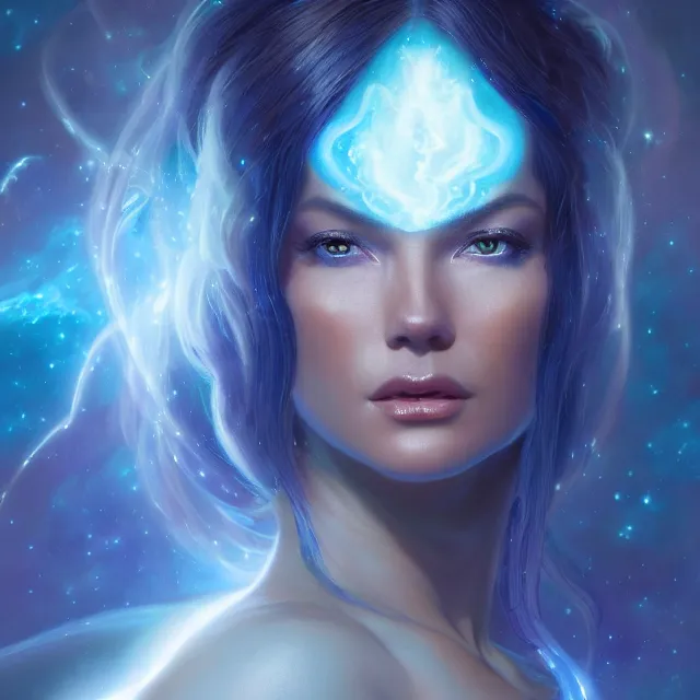 Prompt: close up portrait of beautiful alien sophia vergara space goddess, symmetry!! ethereal glowing otherworldy blue skin, exploding nebula, and flowing glowing hair, subsurface scattering, artistic, art by artgerm, greg rutkowski and alphonse mucha, artstation, octane render,