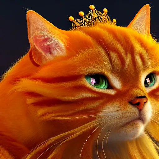 Image similar to colossal fluffy orange royal king tabby cat wearing a golden crown, golden hour, fantasy, vivid colors, sharp focus, digital art, hyper - realistic, 4 k, unreal engine, highly detailed, hd, dramatic lighting by brom, trending on artstation