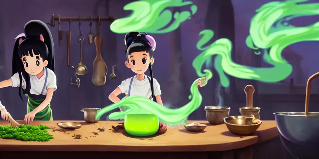 Prompt: a wholesome animation key shot of a ariana grande with black hair as a witch cooking a magic potion in her cauldron of bubbling green liquid as her cats watch, medium shot, waist up, studio ghibli, pixar and disney animation, sharp, rendered in unreal engine 5, anime key art by greg rutkowski, bloom, dramatic lighting