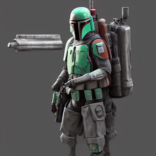 Prompt: Boba Fett, an ambient occlusion render by Shinji Aramaki, featured on zbrush central, toyism, rendered in unreal engine, polycount, hard surface modeling