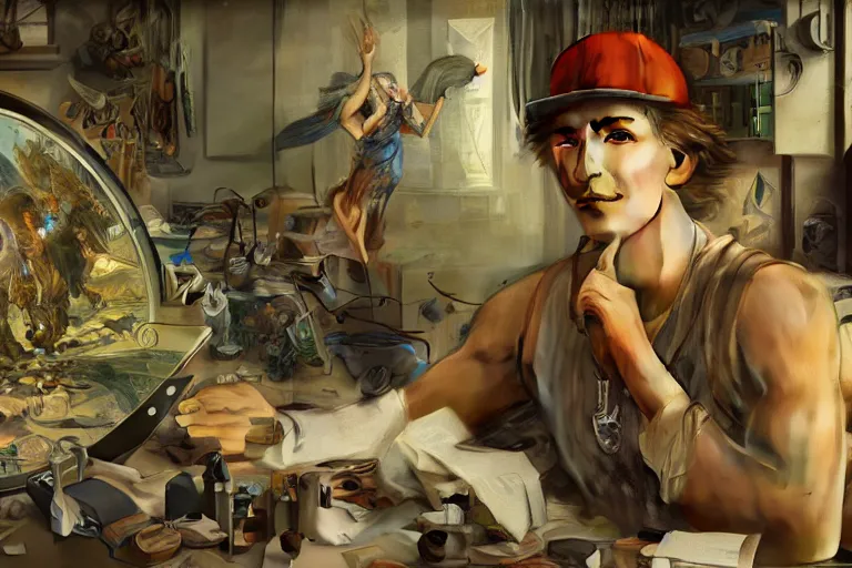 Image similar to a computer graphics artist man with a ballcap in a messy room at the computer animating, ultra realistic, concept art, intricate details, serious, highly detailed, photorealistic, octane render, 8 k, unreal engine. art by artgerm and greg rutk owski and alphonse mucha