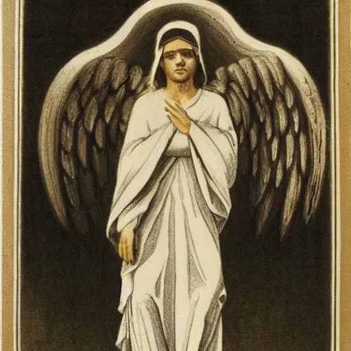 Image similar to a photo of an angel who has six wings : with two to cover his face, and with two to cover his feet, and with two he flew.