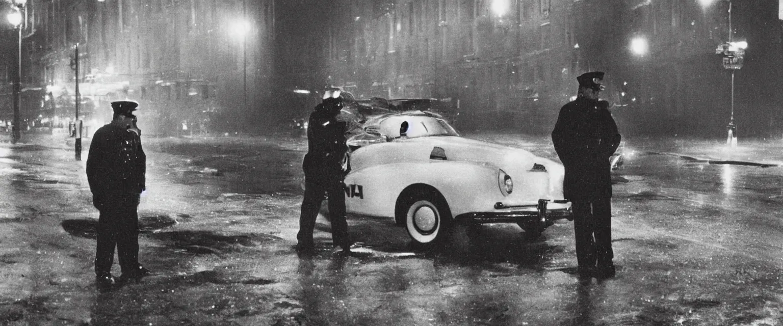 Image similar to weegee style photograph highly detailed of a a uniformed policeman circa 1 9 5 0 standing over a white body bag 1 9 5 5 police car in the rain at night lit by street lamps and headlights. behind the policeman
