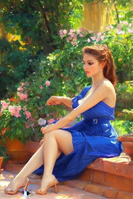 Image similar to portrait of a beautiful woman by the fountain in the garden, morning, highly detailed, ultrarealistic oil painting, vladimir volegov, artstation