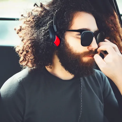 Prompt: photograph of a bearded guy wearing black clothes with very long curly hair looking outside from a bus who just broke up. Headphone around neck. Wearing sunglasses-n 4