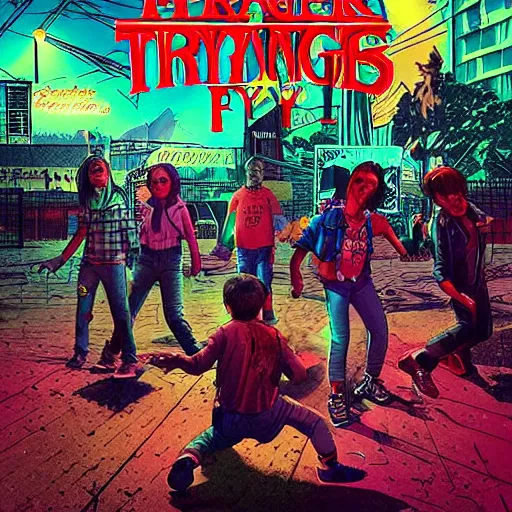 Image similar to young punk rockers fighting against zombies at the playground, by baseball bat in the retro wave stranger things style, neon colors, hyper detailed, digital art, cinematic lighting, concept art by artgerm and greg rutkowski and caravaggio and moebius and jakub rebelka, 8 k