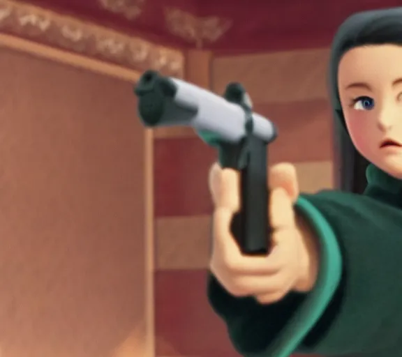 Prompt: marnie pointing a gun at the screen