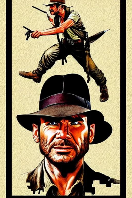 Prompt: indiana jones pop art, pixel, ultrarealistic digital art, concept art, aesthetic details, random anatomy features animals + human + environment, random object position, smooth painting, intricate details, sharp focus, three colors, classic, paper border, elegant, 4 d, watercolor pencil + ink drawing, art by mimmo rottela and bengus and banksy