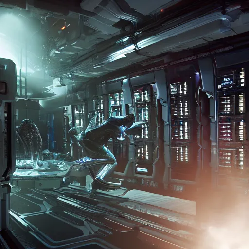 Image similar to high detailed industreal cyborg working in sci - fi server room. cinematic shot from alien isolation