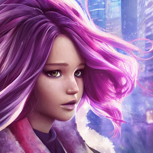 Image similar to An anime portrait of Jennifer Lawrence with long purple hair running through urban battlefield by Stanley Artgerm Lau, WLOP, Rossdraws, James Jean, Andrei Riabovitchev, Marc Simonetti, and Sakimichan, trending on artstation