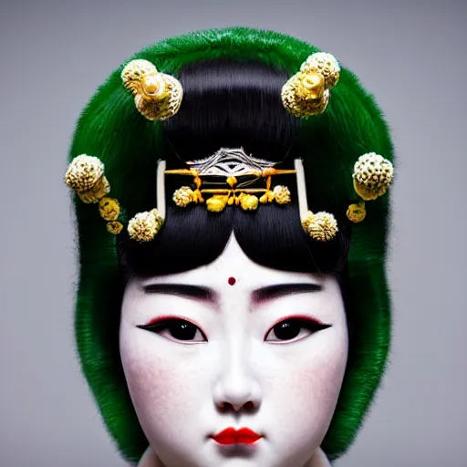 Prompt: minimalist photography portrait of an elaborately adorned oiran, symmetrical, super close up, mid thirties, cute round green slanted eyes, porcelain skin, wide nostrils, chubby cheeks, high flat eyebrows, ethereal essence, angelic, leica 1 0 0 mm f 0. 8