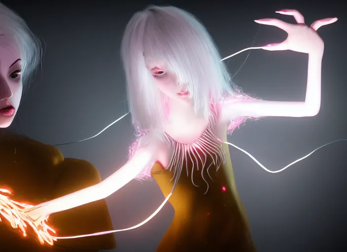 Image similar to girl with silk glowing white hair showing her hands with glowing puppeteer stings coming out of it, concept digital art trending on artstation oilpaint centric layout symmetric black background