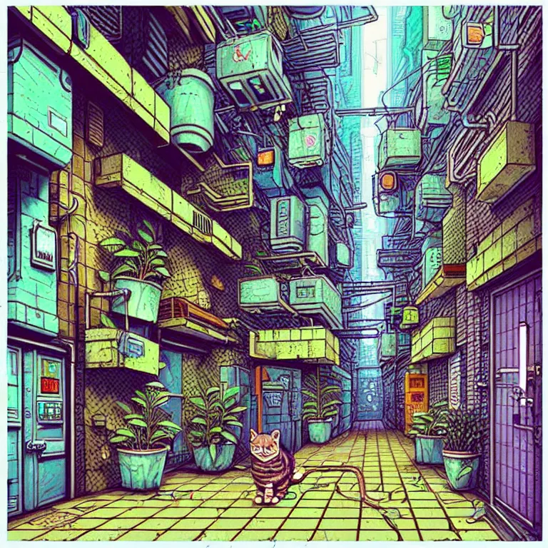 Image similar to an absurdly-detailed cyberpunk alleyway colored-pen drawing as a fancy square tile. Cats and Robots and Potted-Plants.