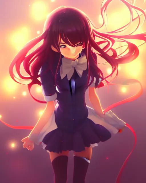 Image similar to anime style, vivid, expressive, full body, 4 k, painting, a cute magical girl with a long wavy black hair, stunning, realistic light and shadow effects, centered, simple background, studio ghibly makoto shinkai yuji yamaguchi