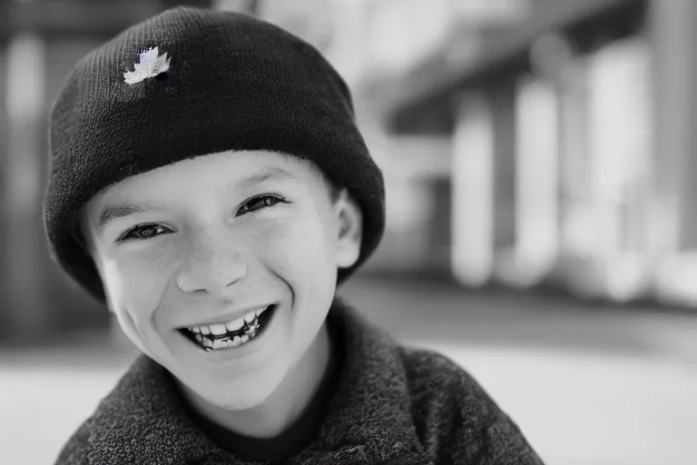 Prompt: still photo of a canadian child boy smiling at the camera on the street, black and white color aesthetic, highly detailed, photorealistic portrait, bright studio setting, studio lighting, crisp quality and light reflections, unreal engine 5 quality render