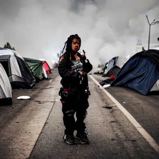 Image similar to Candid extreme wide shot of a poor techwear mixed woman with tattoos outside of a futuristic Los Angeles on fire, homeless tents on the side of the road, military police, cyberpunk, 4k, extreme long shot, desaturated, full shot, action shot, blurry, sigma 85mm f/1.4, high resolution, 4k, 8k, hd, full color