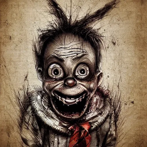 Prompt: surrealism grunge cartoon portrait sketch of chucky with a wide smile, by michael karcz, loony toons style, freddy krueger style, horror theme, detailed, elegant, intricate