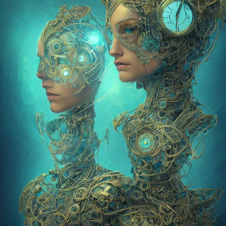 Image similar to beautiful symmetrical face portrait android woman time machine axonometric mechanical fantasy intricate elegant highly detailed in volumetric void of latent space lush flowers intricate jewellery, realm of the gods golden turquoise steampunk, axonometric high contrast cinematic light, mystical shadows, digital painting, sharp focus, octane render, photographic, concept art, artist leonardo davinci, unreal engine 8 k