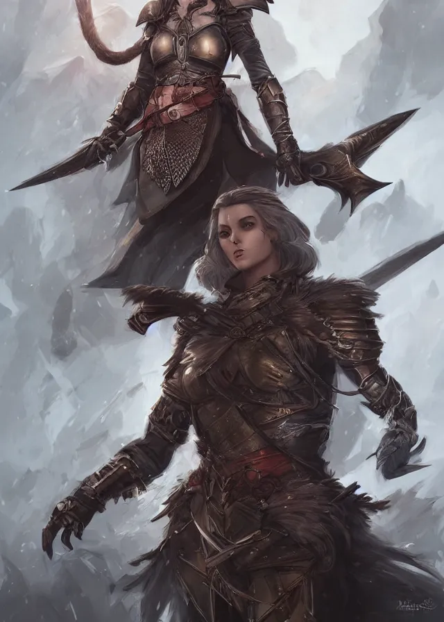 Prompt: a beautiful hyper realistic detailed epic concept art showing a noble knight women with her raccoon gardian above her, by artgerm, charlie bowater, in the style of dragon age, featured on artstation