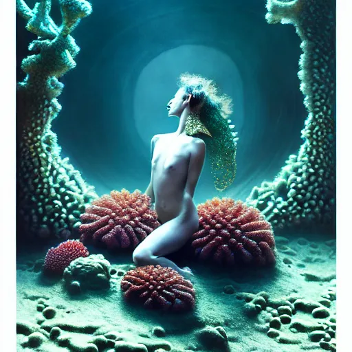 Image similar to unique non-conventional beauty, ornamental fish and corals and seaweed, surreal, intricate, etheric, floating, sensual, dramatic lighting, emotionally evoking symbolic metaphor, painterly, insanely detailed, lifelike, digital painting, artstation, concept art, smooth, sharp focus, illustration, art by John Collier and Krenz Cushart and Artem Demura and Alphonse Mucha and Albert Aublet