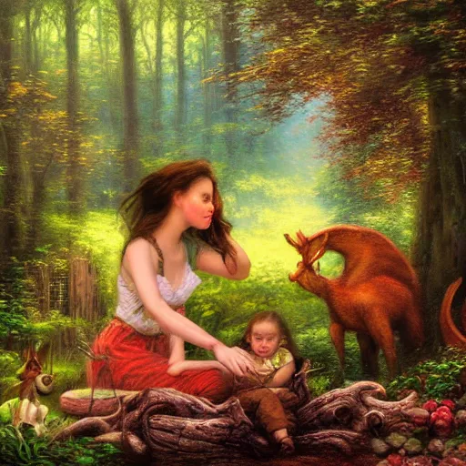 Image similar to forest sensual woman and her daughter eating animal in the forest, digital art, artwork, hihgky detailed face, thomas kindkade, fantasy, intricate