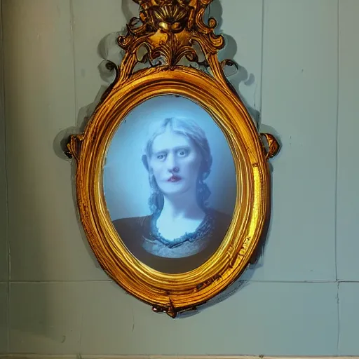 Prompt: photo of a victorian style mirror with an evil looking woman's face in the reflection with blue and green haze