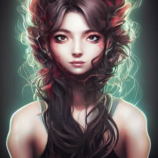 Image similar to Libromancer Fireburst, heroine, beautiful, playful smile, detailed portrait, intricate complexity, in the style of Artgerm, Kazuki Tanahashi, and WLOP, quixel megascan