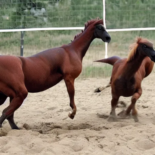 Prompt: horses and a velociraptors playing volleyball