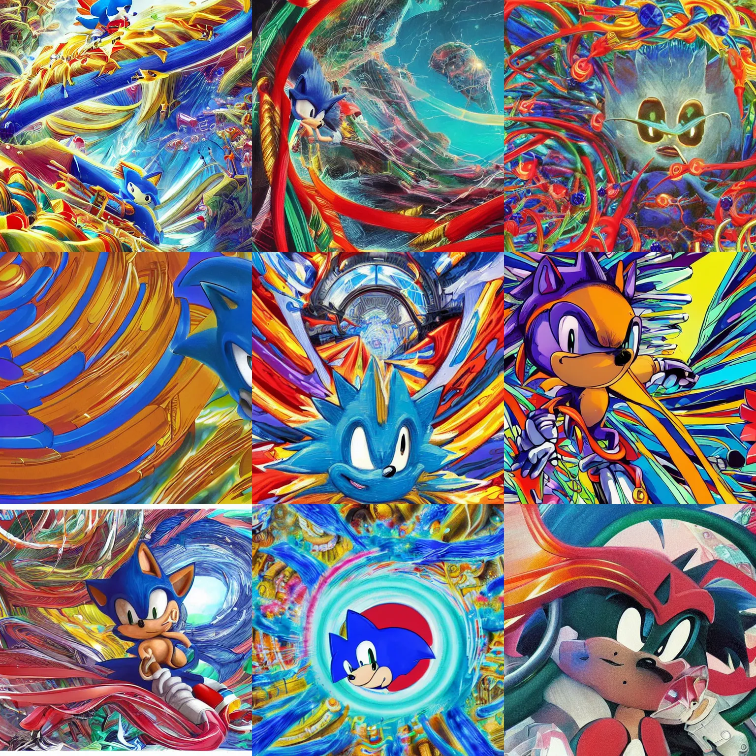 Prompt: closeup portrait of sonic the hedgehog closeup with oceans, river and mountains in the middle of the frame surrounded by colorful ribbons and sci-fi tube vortices , concept art, huge scale, high detail, sci fi by James Jean, 1990s 1992