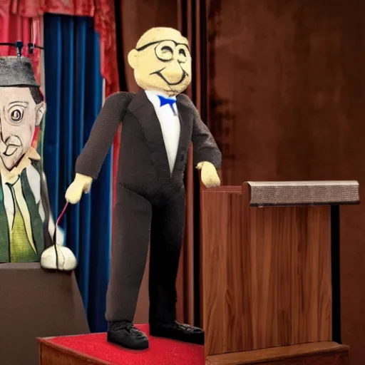 Image similar to puppeteer using marionette of a president in a podium