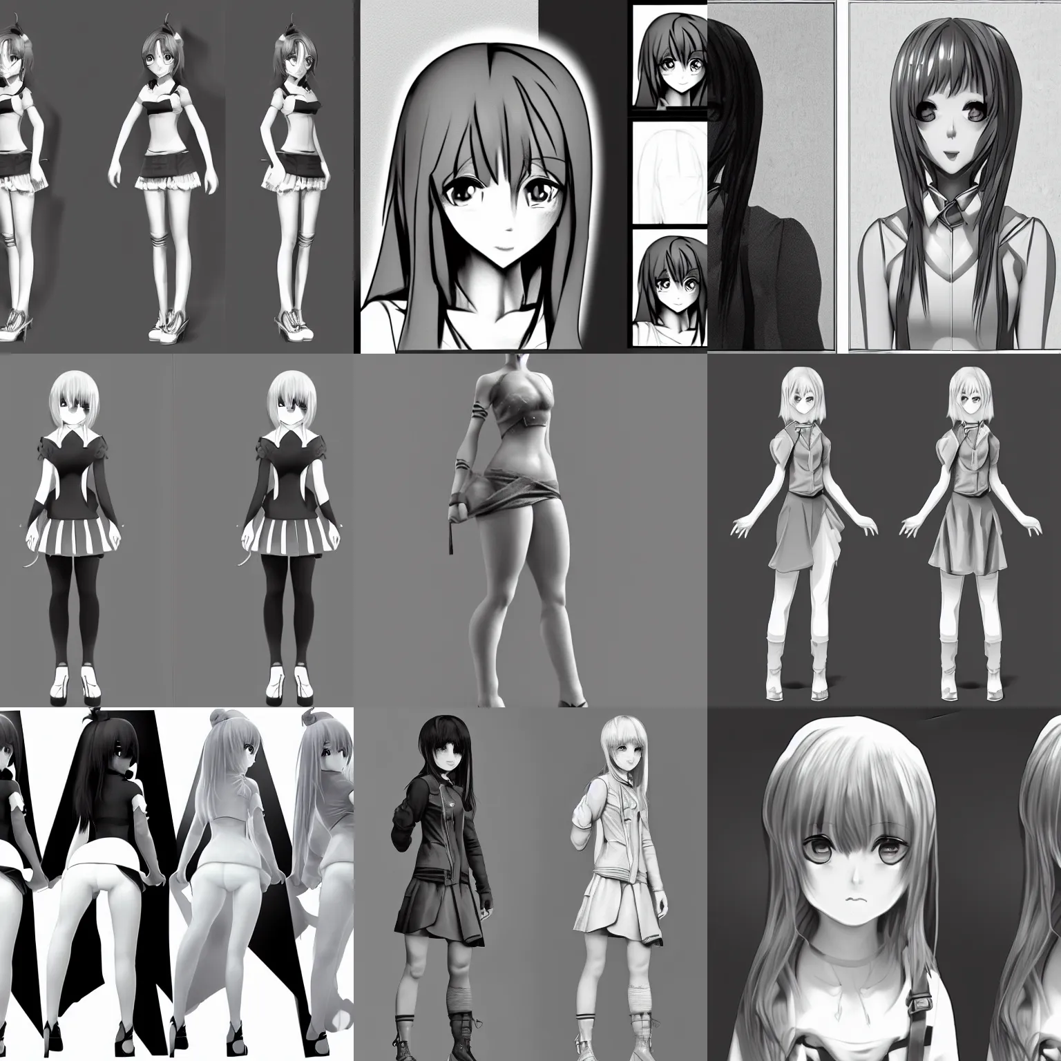 Prompt: greyscale ambient occlusion paining of a stylized standing anime girl