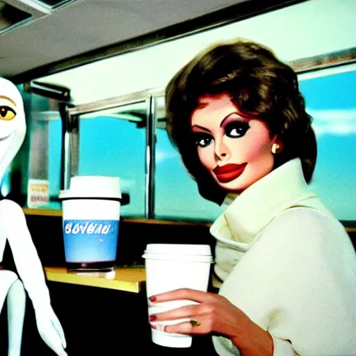 Prompt: 1976 sofia loren and a puppet who looks like casper the friendly ghost having coffee in a diner, 16mm color film, expired film, archival footage in the style of cassavetes, 1976