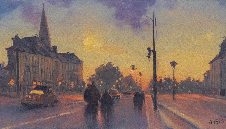 Image similar to painting by artemov leonid, evening landscape in the city and two people on the road